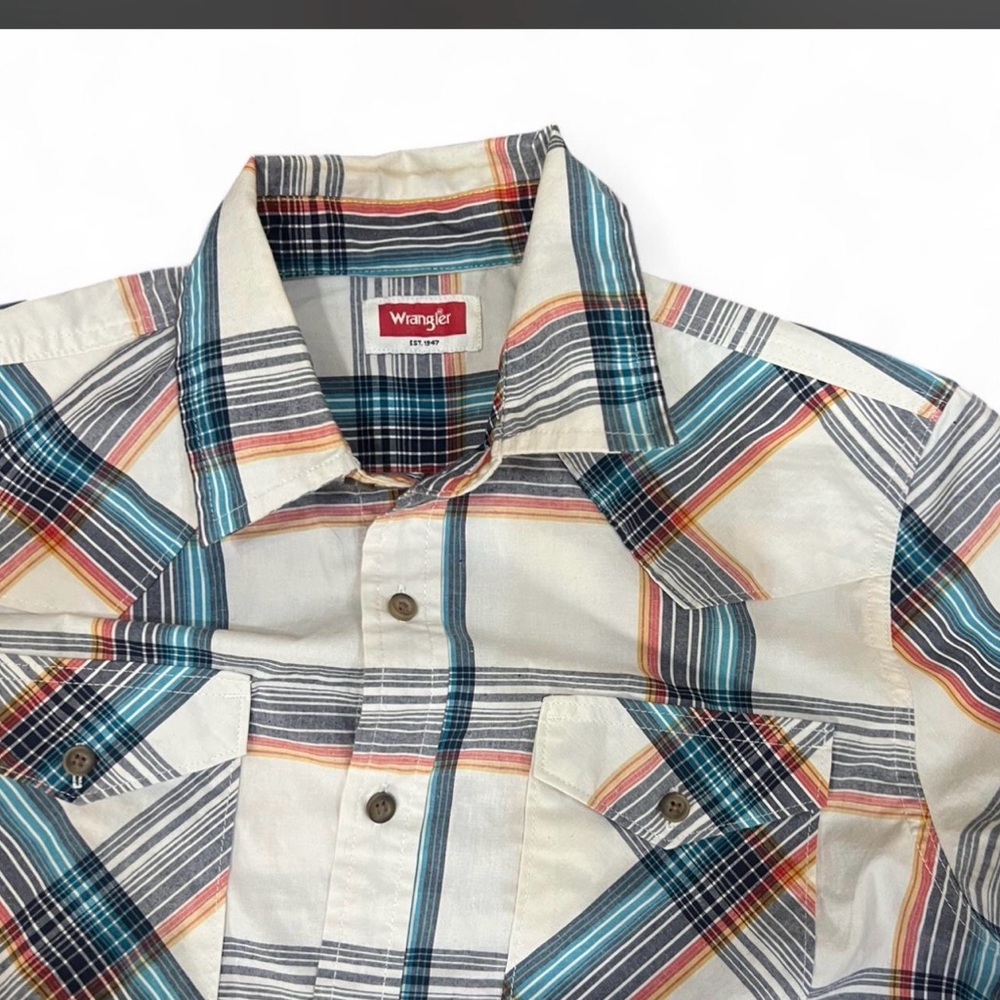 Wrangler Blue and Orange Plaid Casual Button Down Shirt - Picture 4 of 6